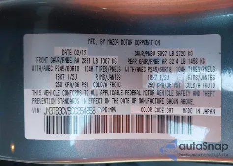 2012 Mazda Cx-9 Touring from USA, damaged, VIN JM3TB3CV6C0354858